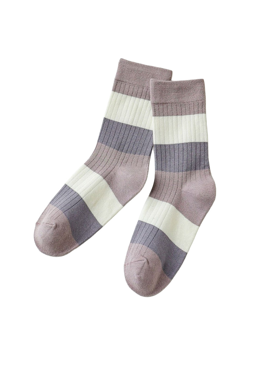 Colorblock Stripe Crew Socks - Grey & White