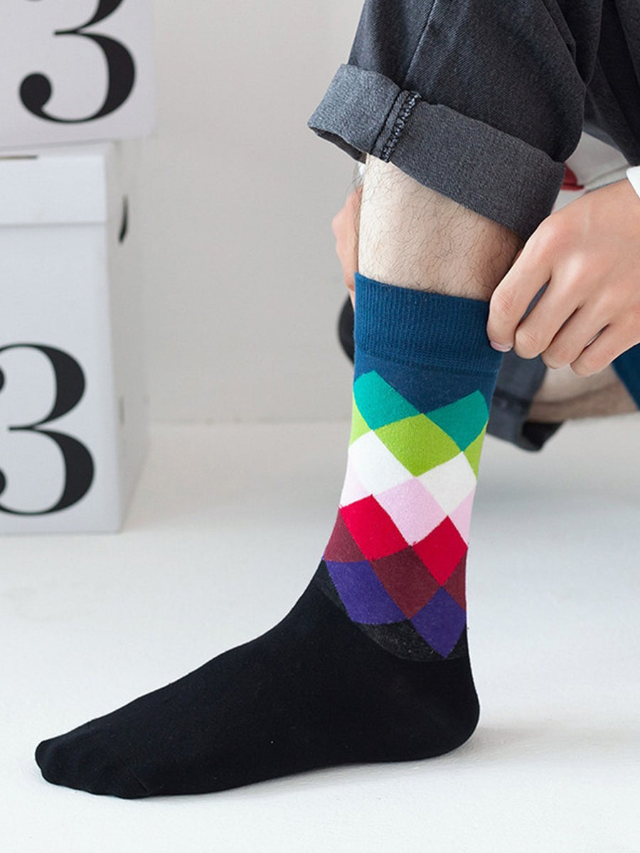 Diamond Cotton Crew Socks - Pink & Green