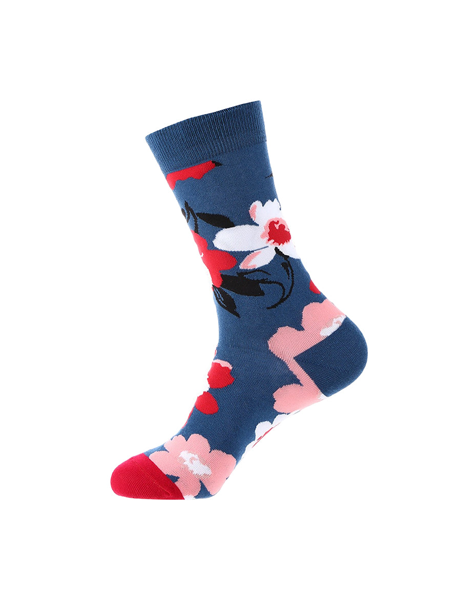 Jacquard Floral Crew Socks - Navy