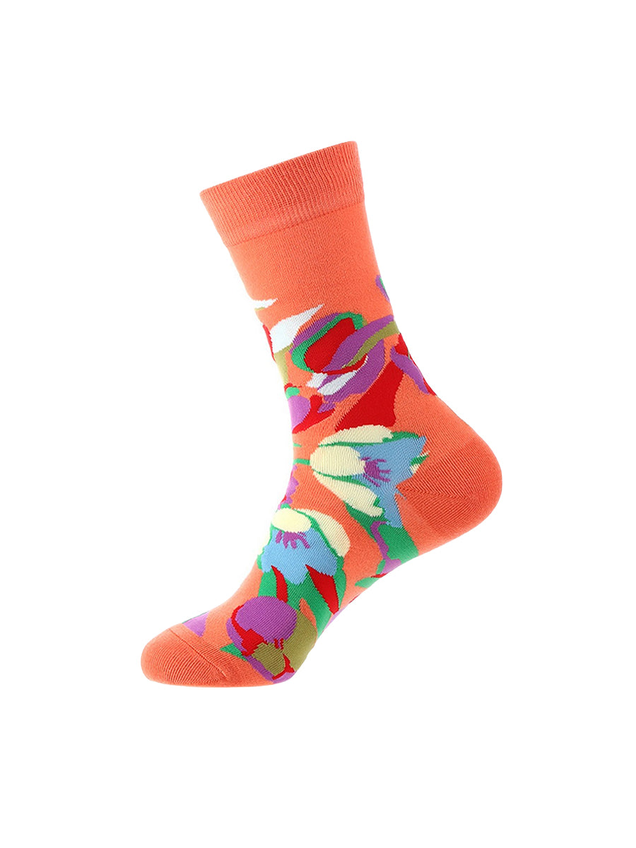 Jacquard Floral Crew Socks - Red
