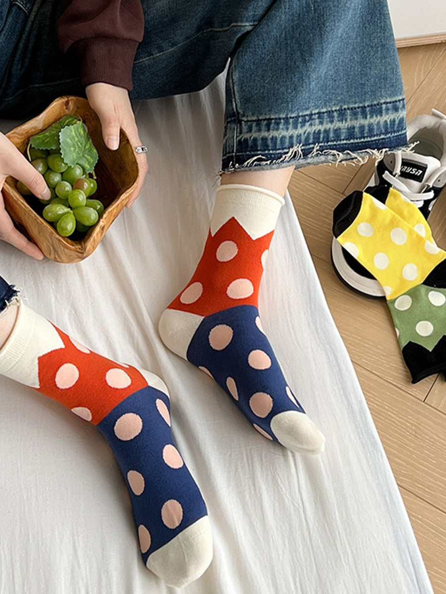 Polka Dot Cotton Crew Socks - Beige