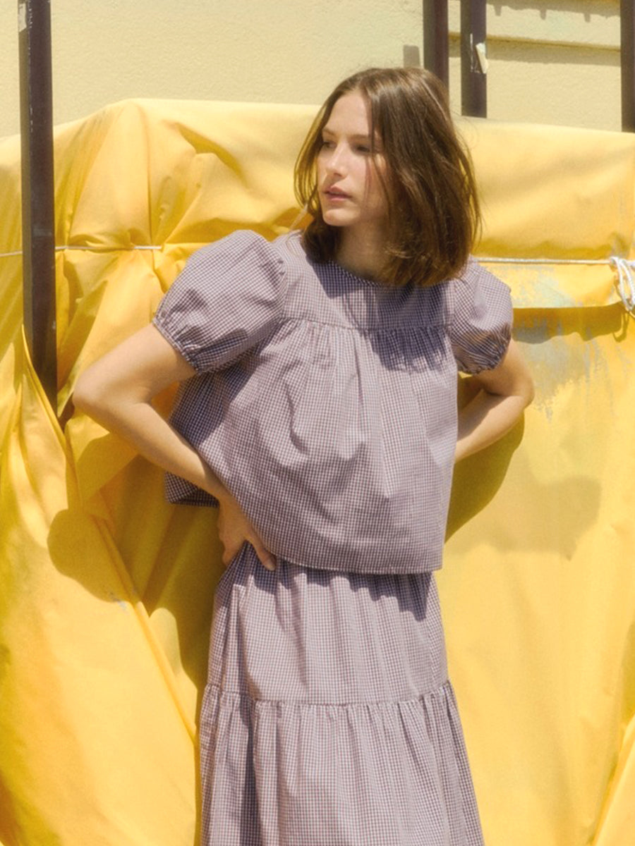 The Carroll Puff-Sleeve Top - Brown Gingham