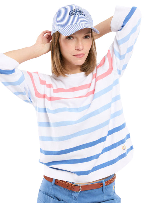3/4 Sleeve Cotton Sweater - White, Federal Blue, & Placid Blue