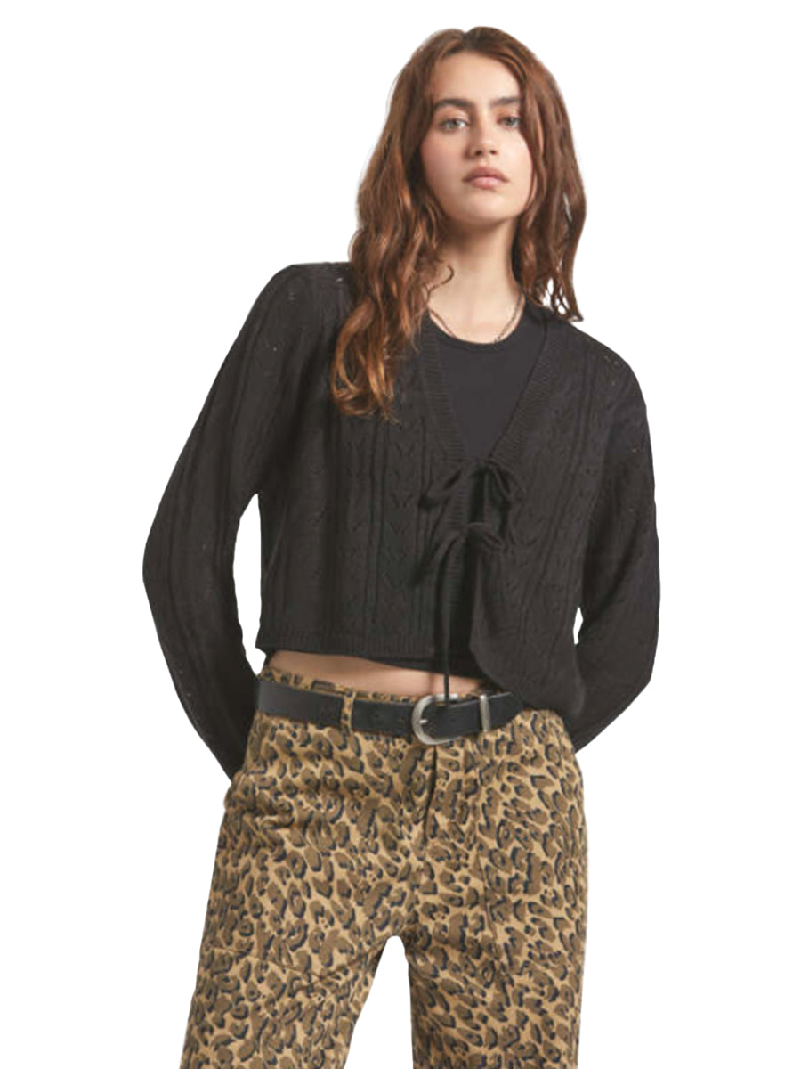 Cropped Pointelle Tie Cardigan - Black