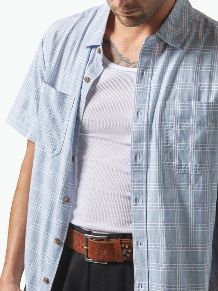 Cru Oxford Plaid Short Sleeve Shirt - Light Blue & White Plaid