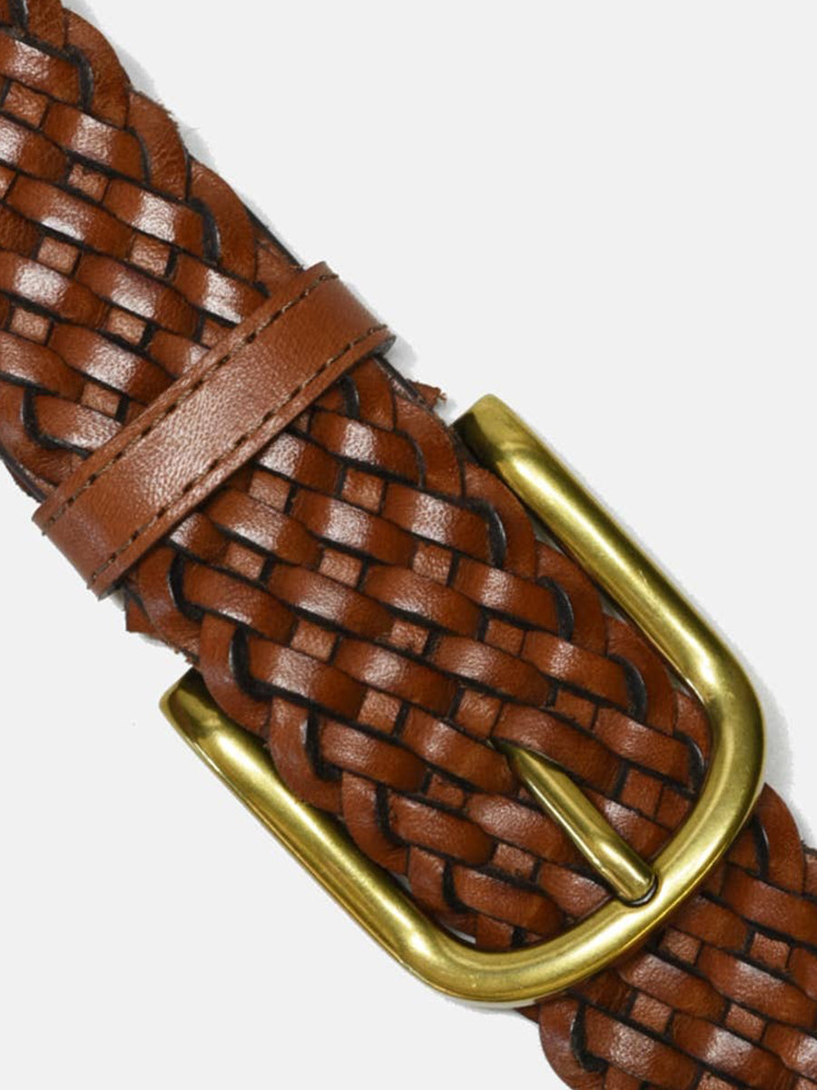 Woven Leather Belt - Brown & Brass