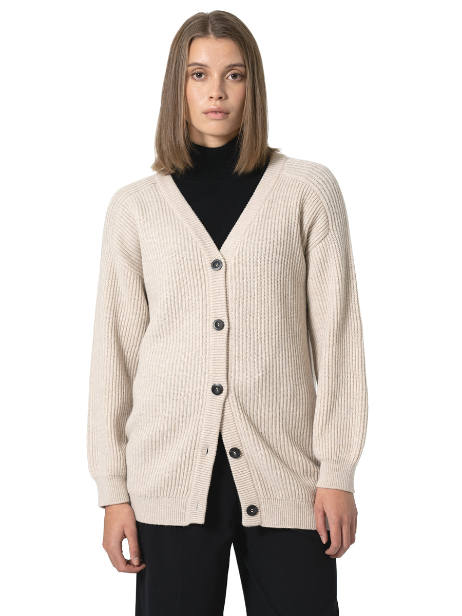 Merino Rib Cardigan - Almond White