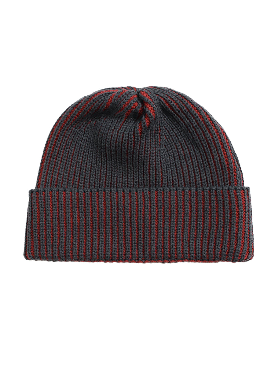 Ribbed Knit Beanie - Grey & Red