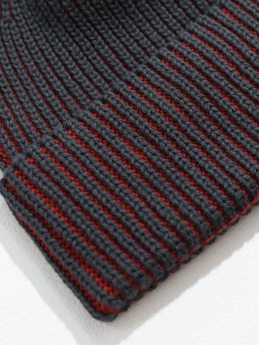 Ribbed Knit Beanie - Grey & Red