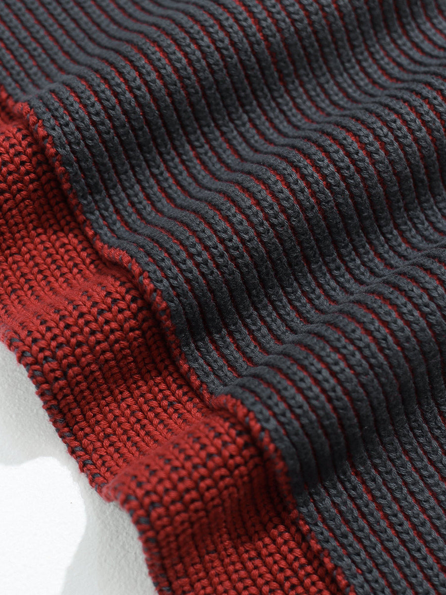 Ribbed Knit Scarf - Grey & Red