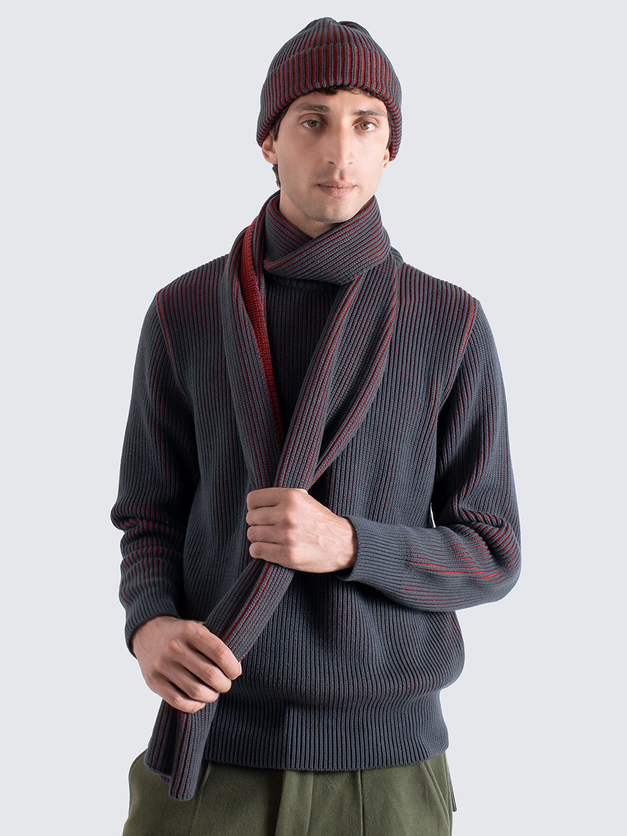 Ribbed Knit Scarf - Grey & Red