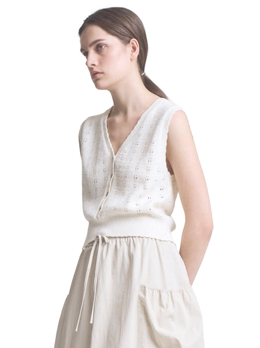 Floral Knit Button-Up Vest Top - Off White