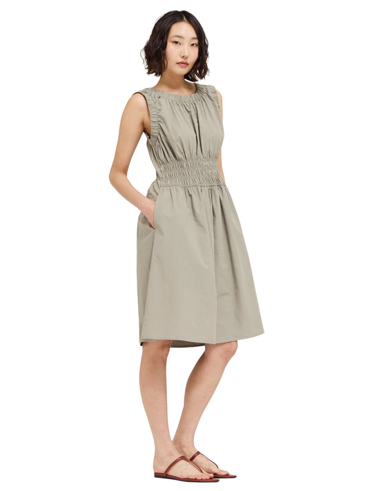 Shirred Cotton Sleeveless Dress - Dry Herb