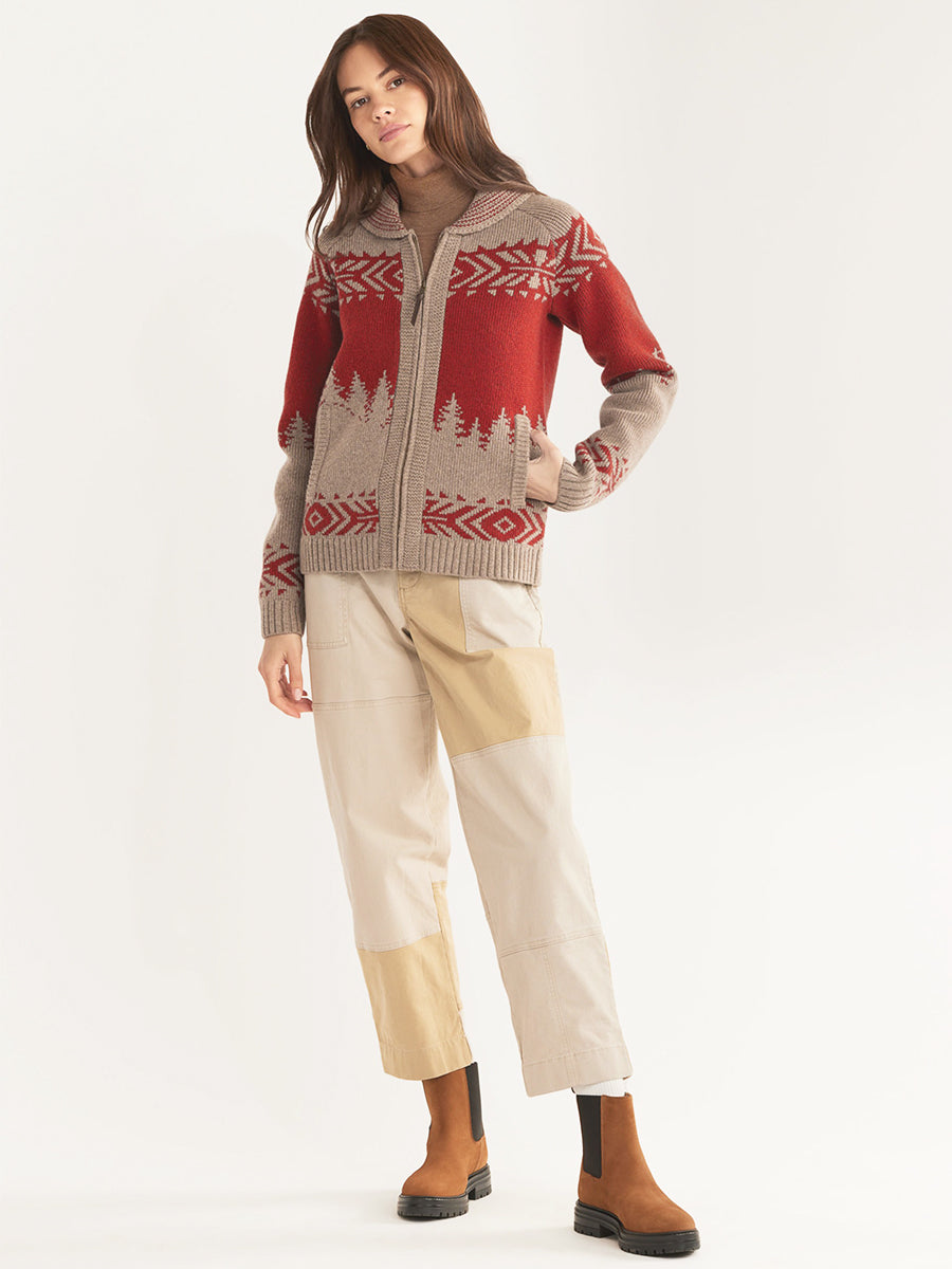 Alpine Lambswool Zip Cardigan - Natural & Scarlet