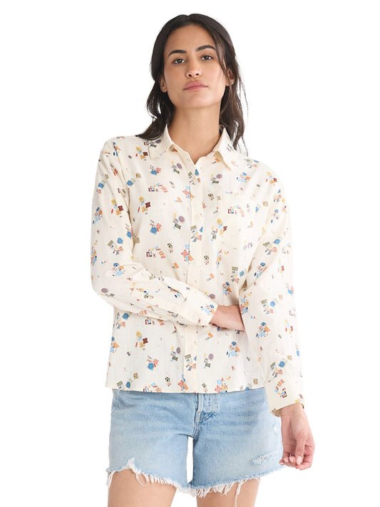 Coastal Beach Print Button-Up Shirt - Antique White