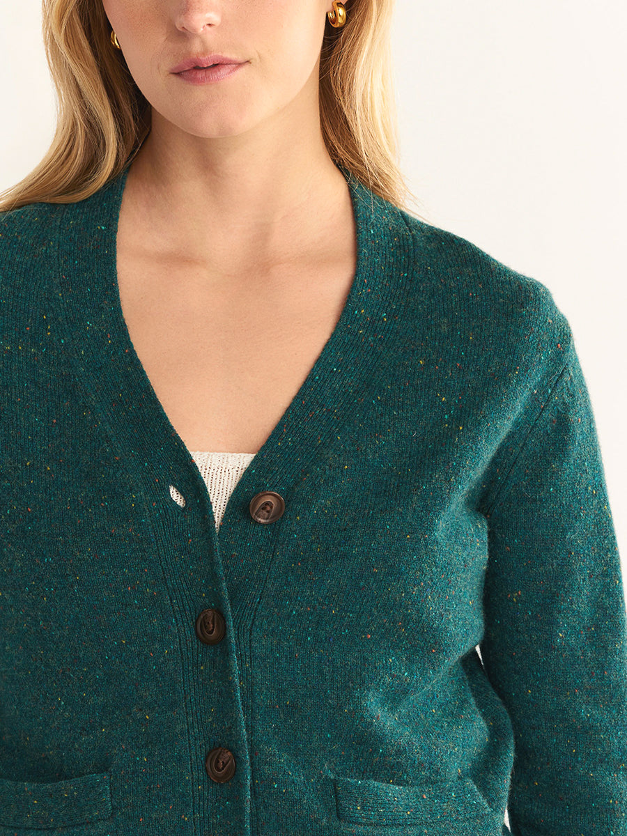 Merino Cropped Cardigan - Teal Donegal