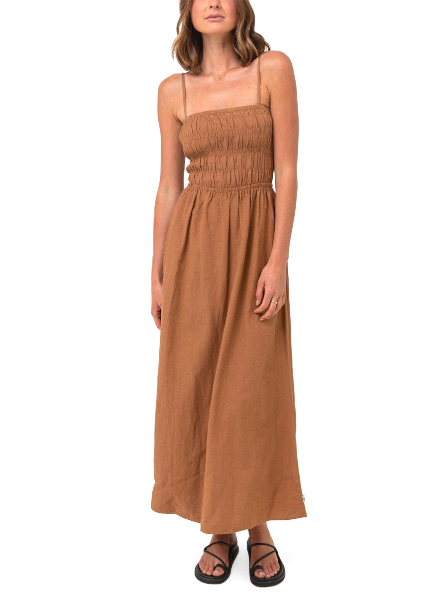 Classic Shirred Midi Dress - Caramel