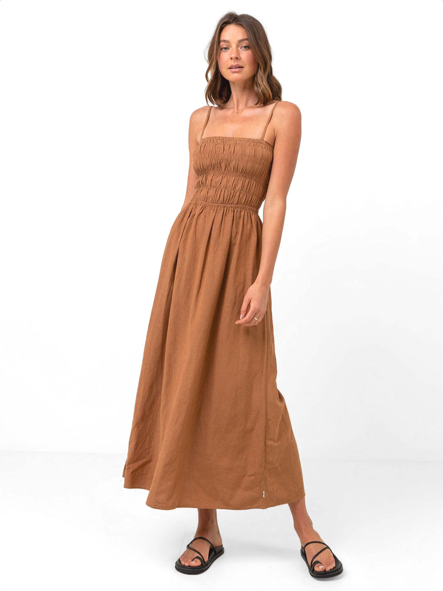 Classic Shirred Midi Dress - Caramel