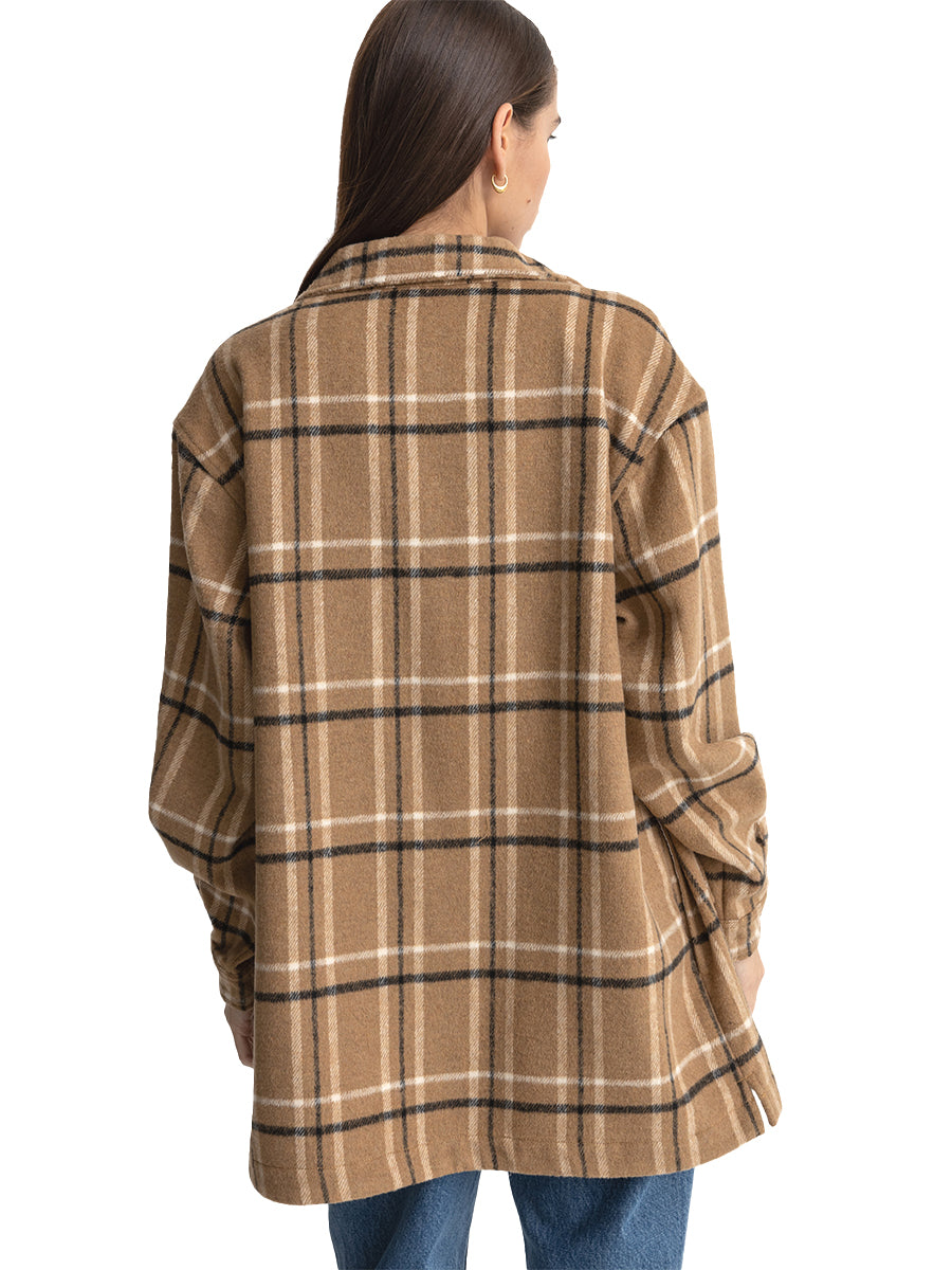 Long Check Shirt Jacket - Caramel