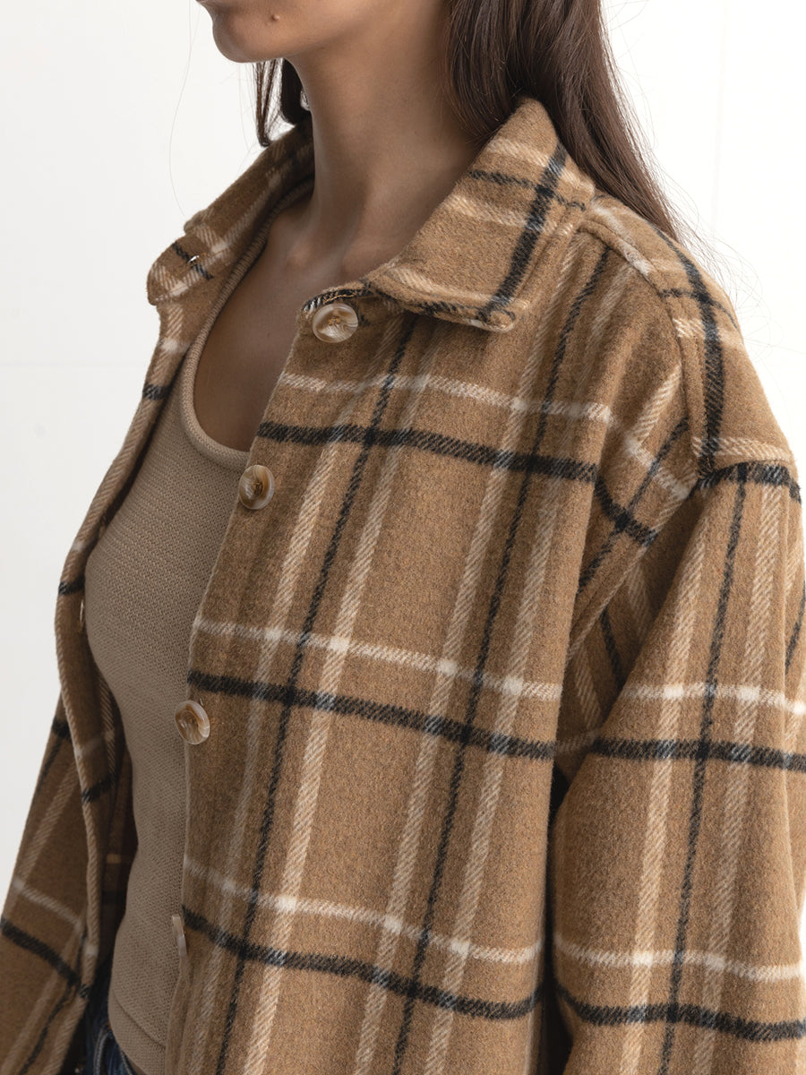 Long Check Shirt Jacket - Caramel