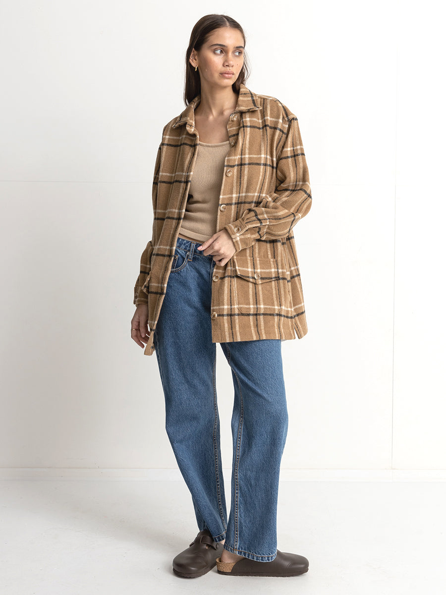 Long Check Shirt Jacket - Caramel