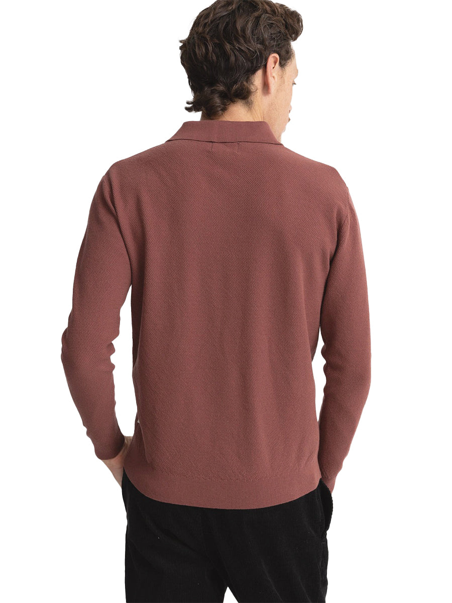 Textured Knit Long Sleeve Polo - Brick