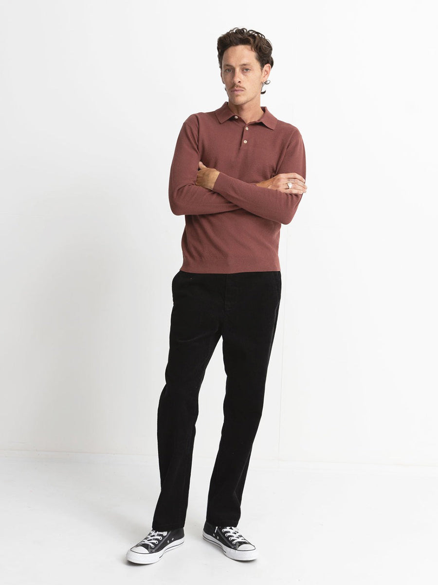 Textured Knit Long Sleeve Polo - Brick
