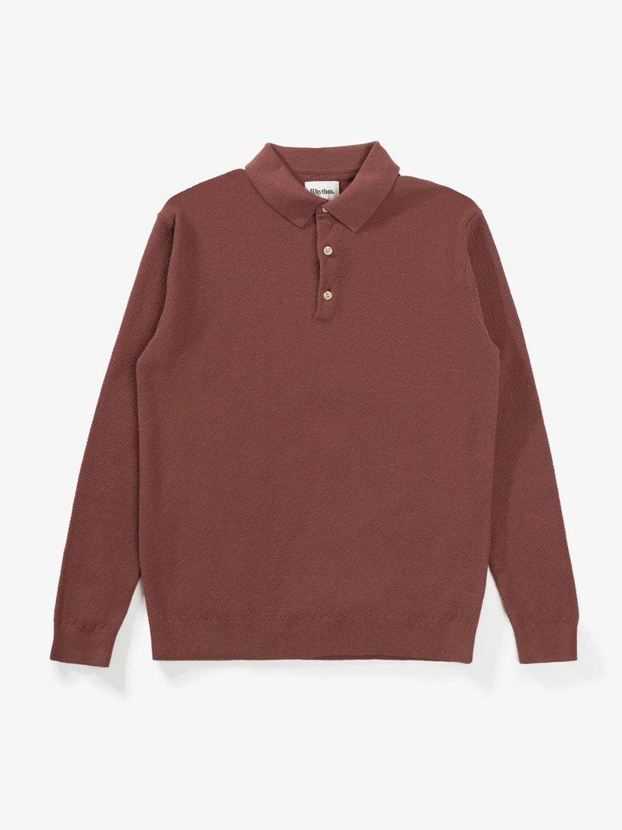 Textured Knit Long Sleeve Polo - Brick