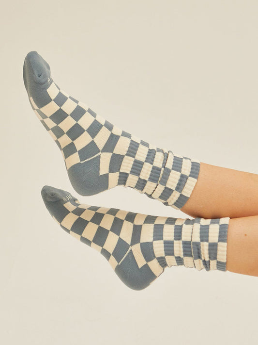 Checkerboard Crew Socks - Slate & Cream