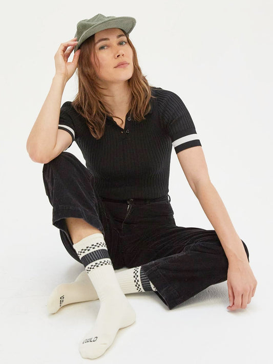 Checkerboard Striped Crew Socks - Eggshell