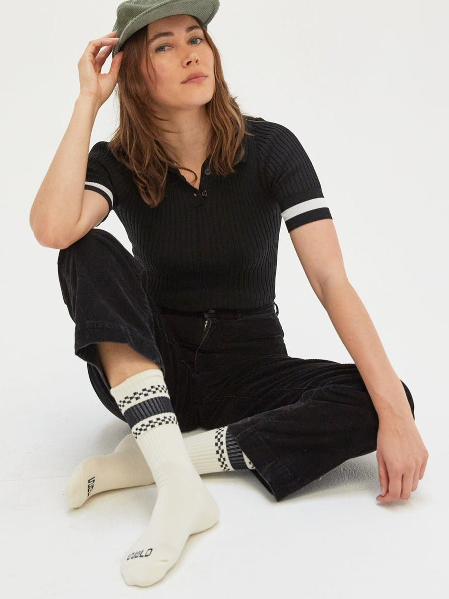 Checkerboard Striped Crew Socks - Black