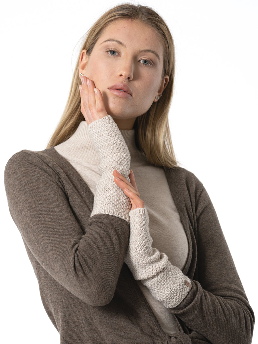 Merino Moss Half Mitts - Almond White