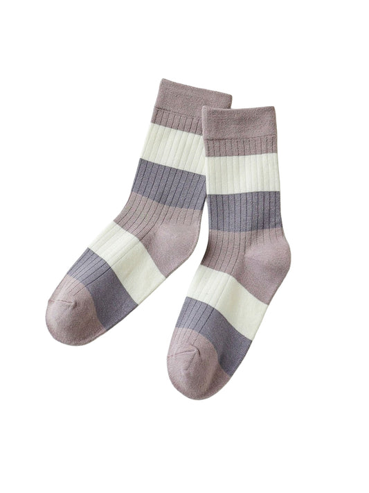 Colorblock Stripe Crew Socks - Grey & White