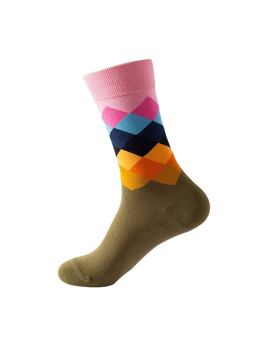 Diamond Cotton Crew Socks - Pink & Green