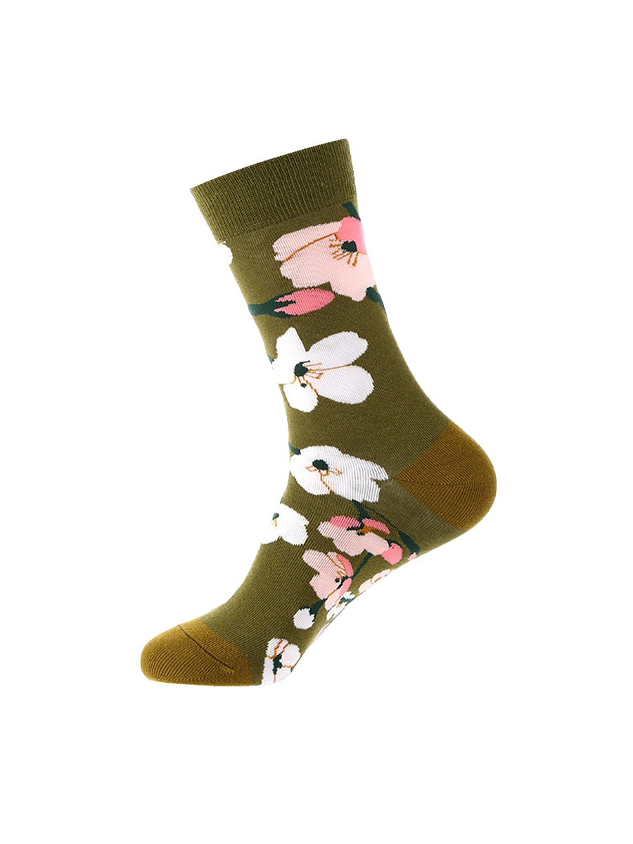 Jacquard Floral Crew Socks - Pink & Olive