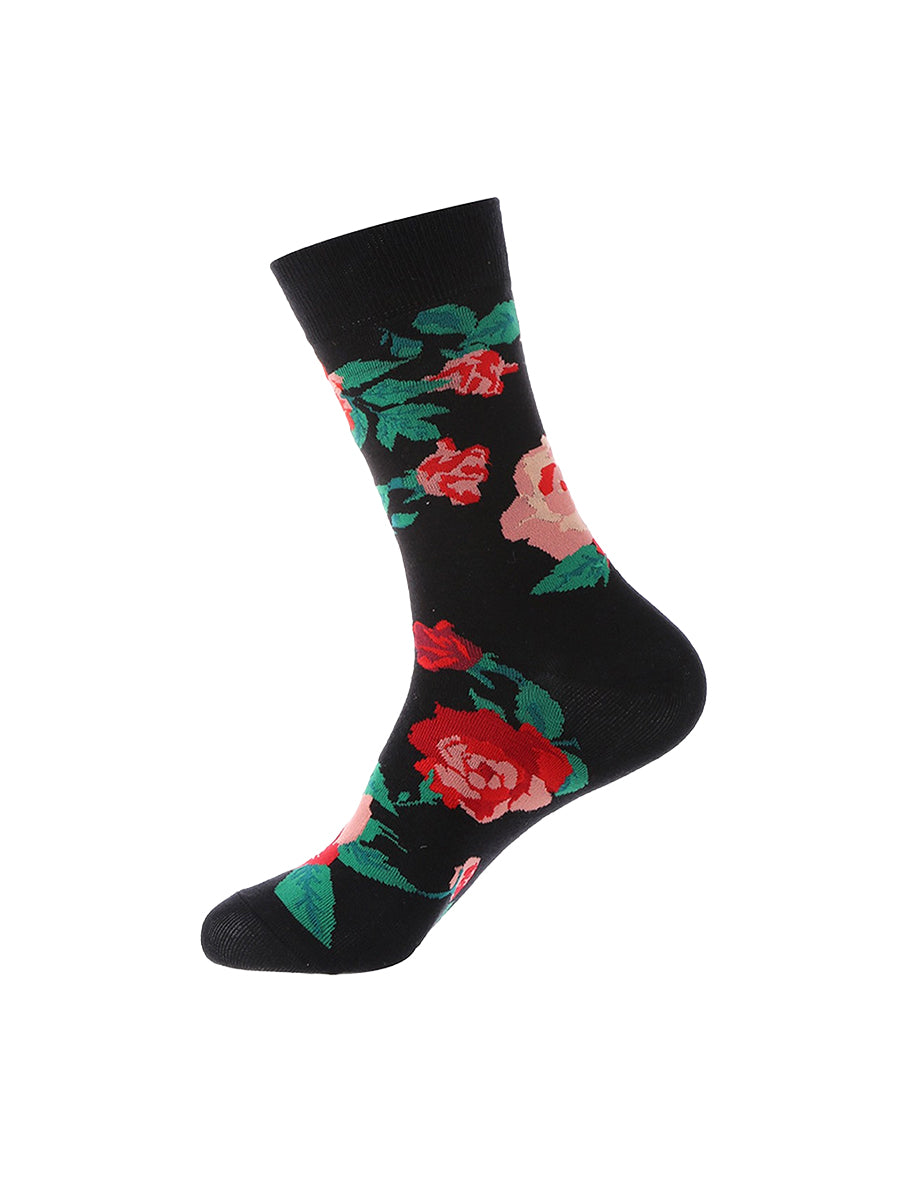 Jacquard Floral Crew Socks - Pink, Red, & Black