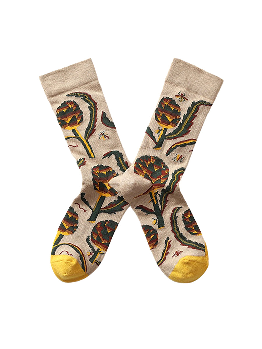 Jacquard Patterned Crew Socks - Apricot