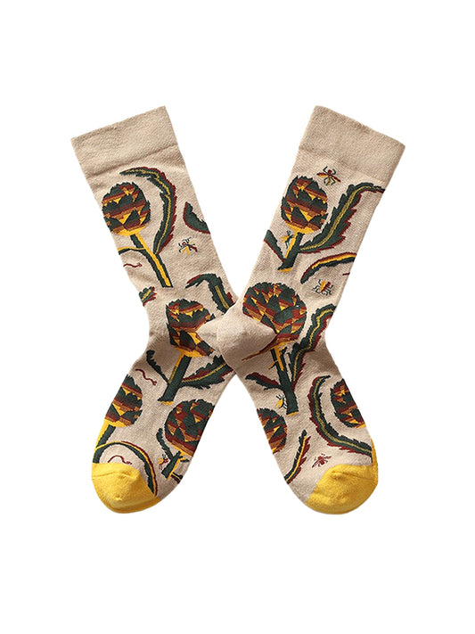 Jacquard Patterned Crew Socks - Apricot