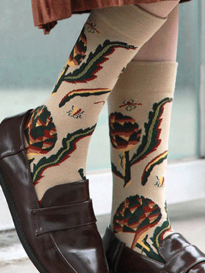 Jacquard Patterned Crew Socks - Apricot