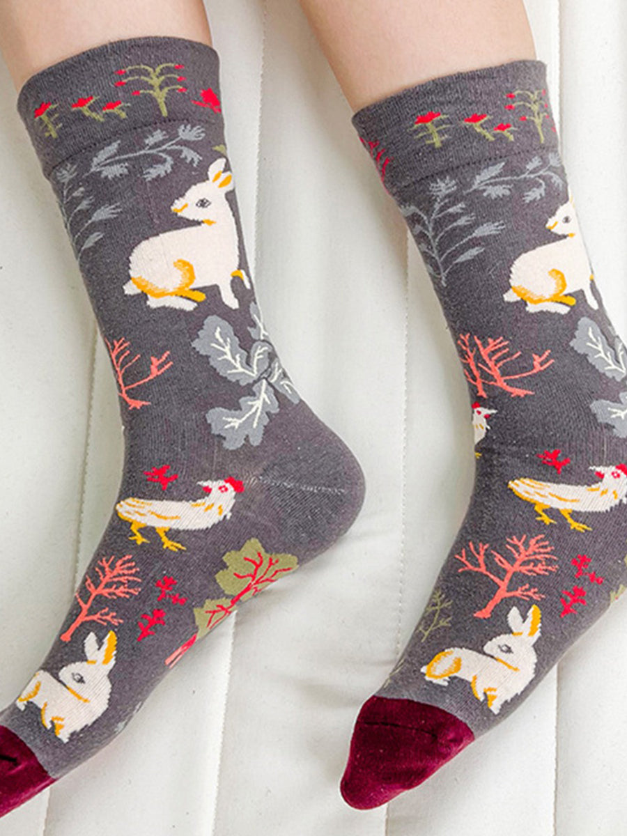 Jacquard Patterned Crew Socks - Garden Animals