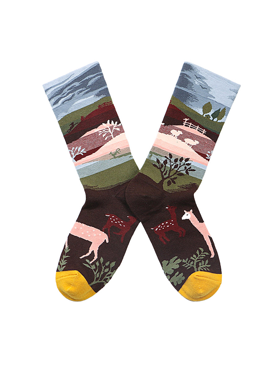 Jacquard Patterned Crew Socks - Pastoral Landscape
