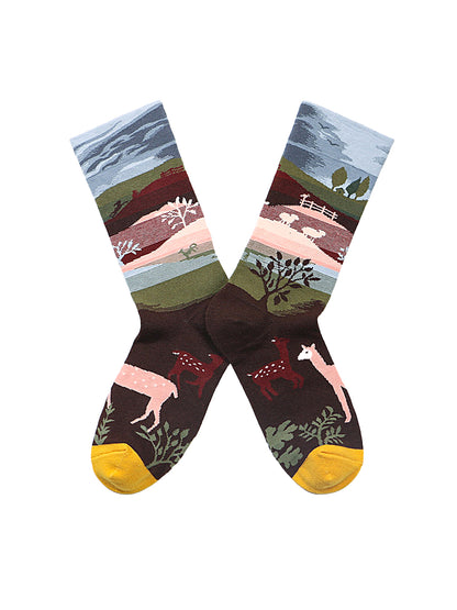 Jacquard Patterned Crew Socks - Pastoral Landscape