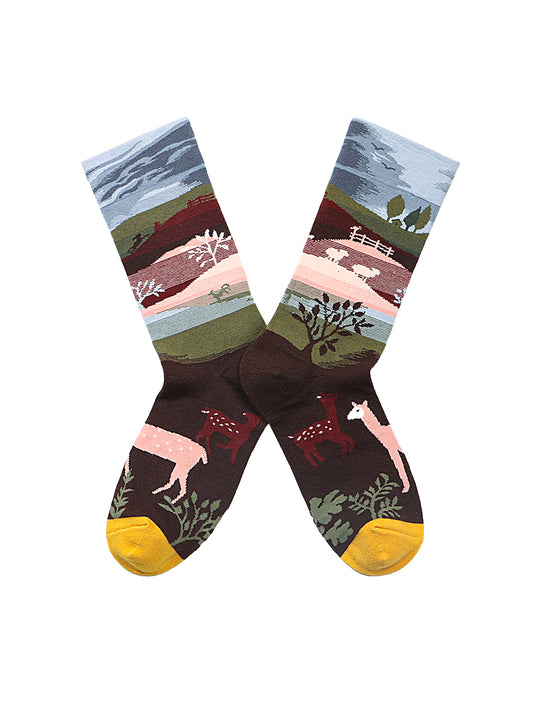 Jacquard Patterned Crew Socks - Pastoral Landscape