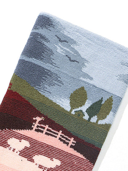 Jacquard Patterned Crew Socks - Pastoral Landscape