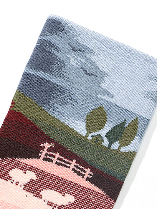 Jacquard Patterned Crew Socks - Pastoral Landscape
