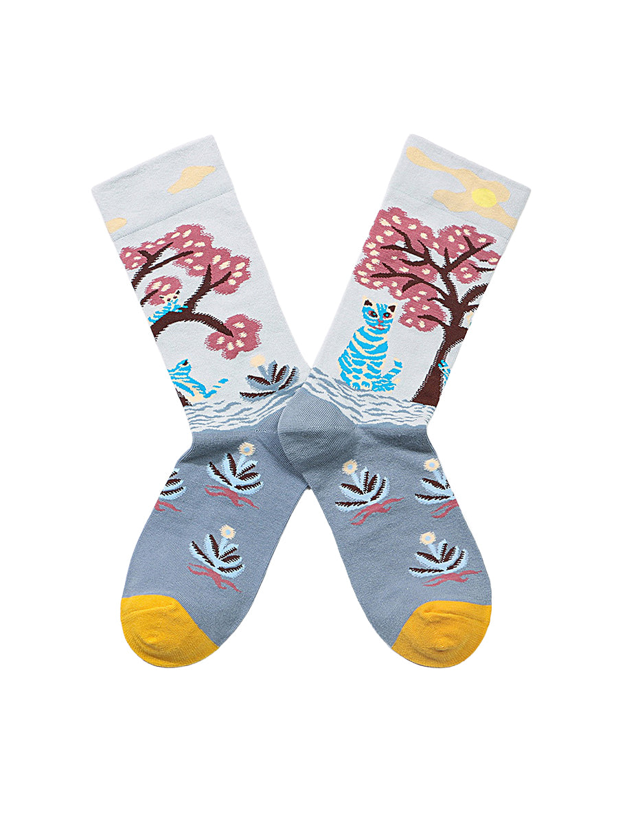 Jacquard Patterned Crew Socks - Cherry Blossom Cats