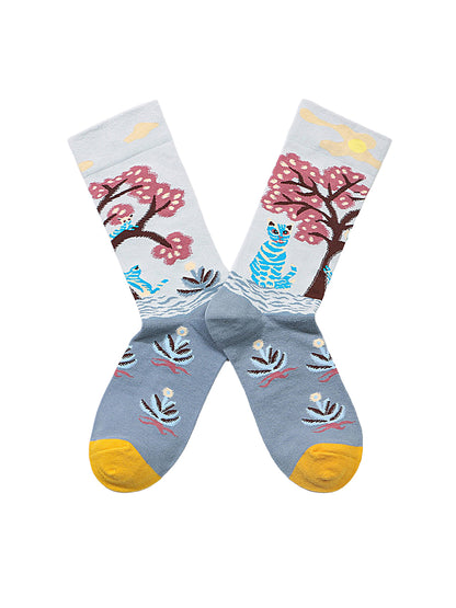 Jacquard Patterned Crew Socks - Cherry Blossom Cats