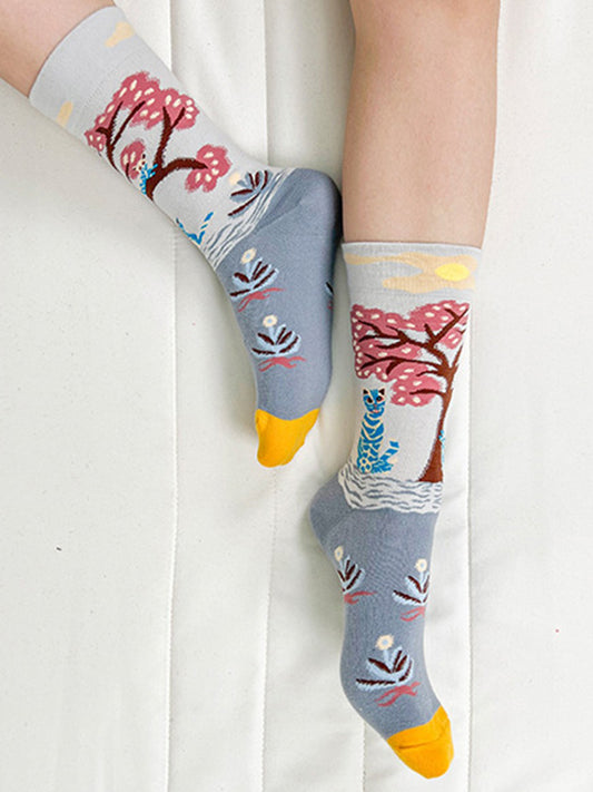 Jacquard Patterned Crew Socks - Cherry Blossom Cats