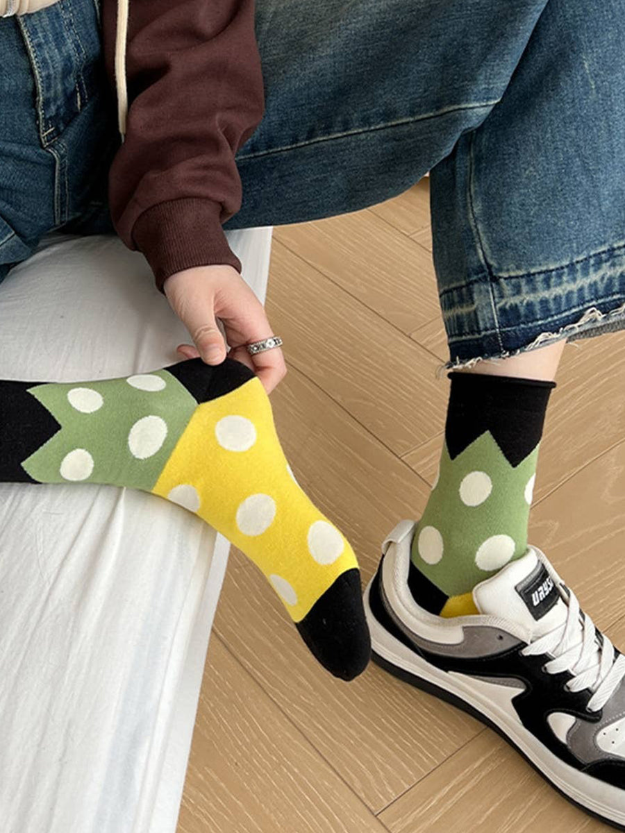 Polka Dot Cotton Crew Socks - Yellow