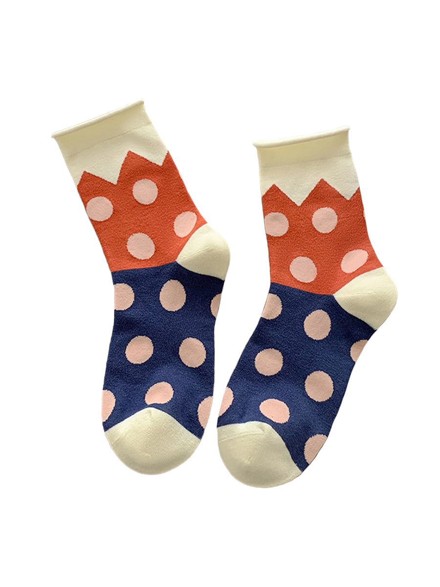 Polka Dot Cotton Crew Socks - Beige